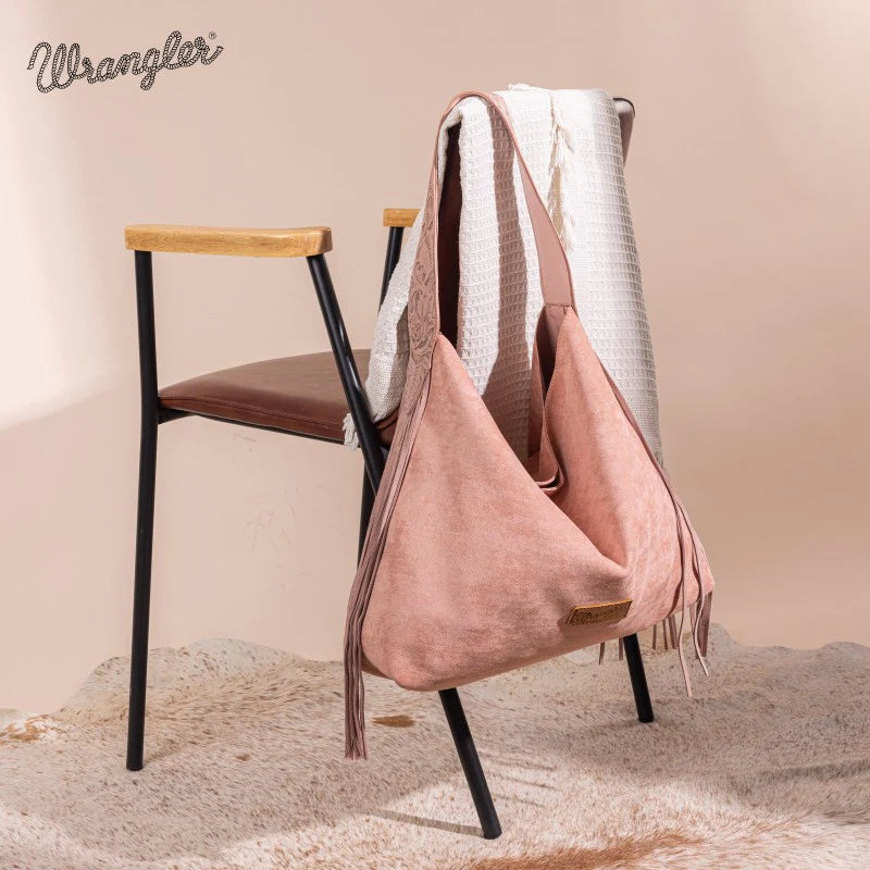 Wrangler Fringe Floral Tooled Hobo Bag- Dark Pink