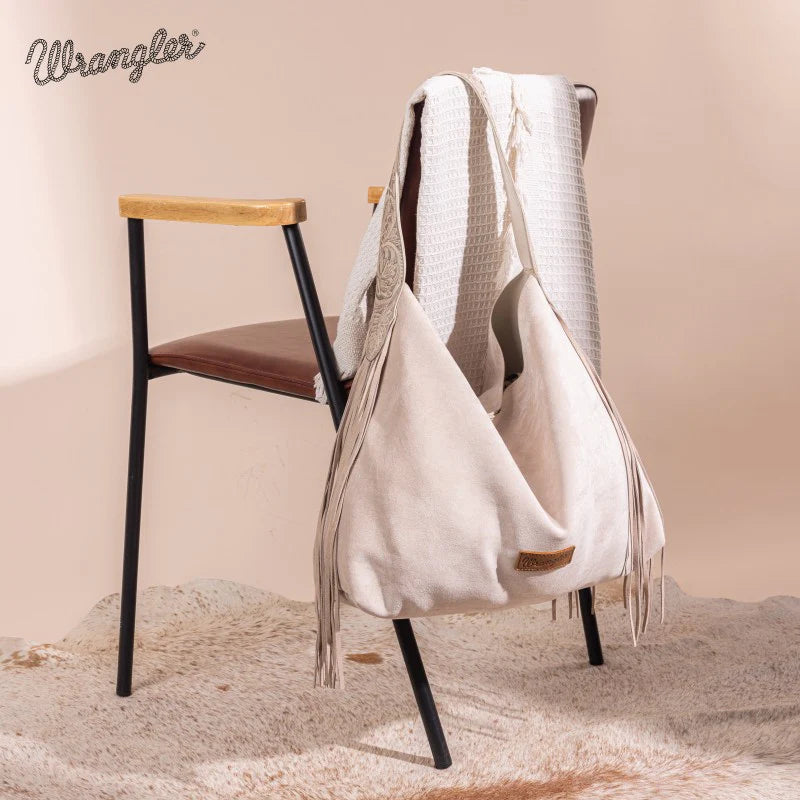 Wrangler Fringe Floral Tooled Hobo Bag - Beige