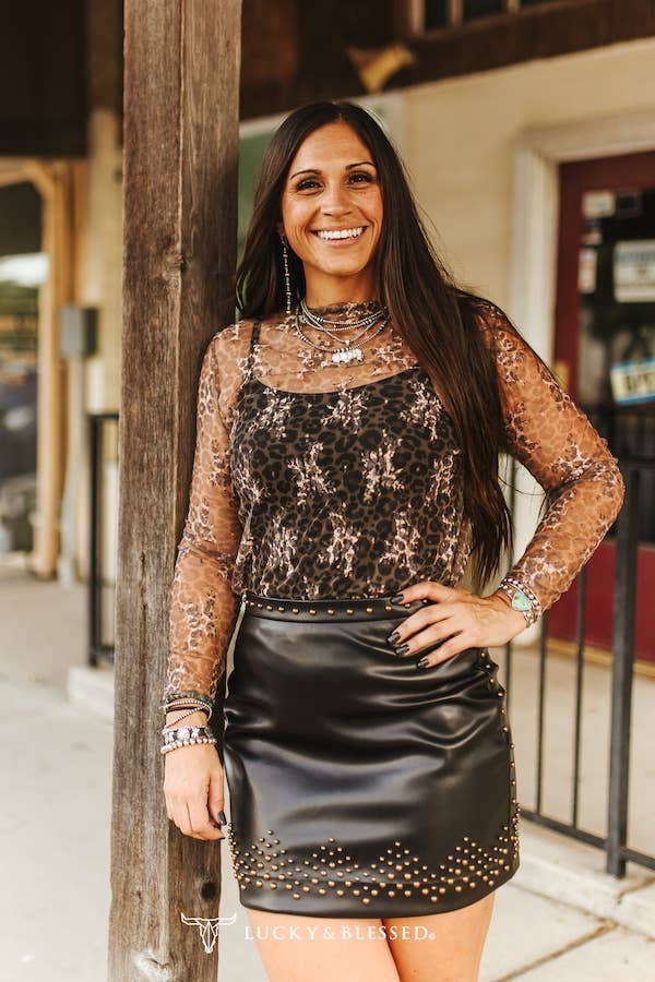 Black Faux Leather Vintage Studded Western Skirt