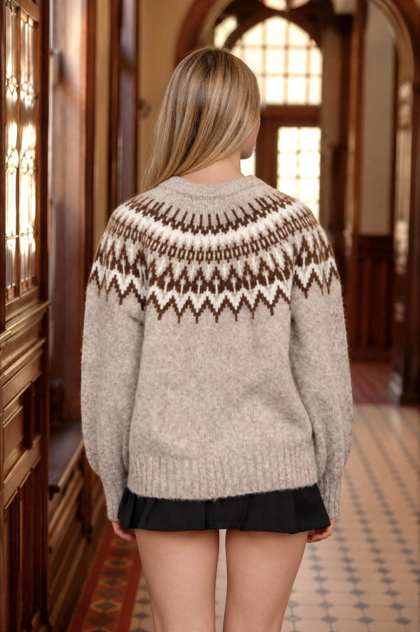 Fair Isle Yoke Crew Neck Knit Pullover Sweater