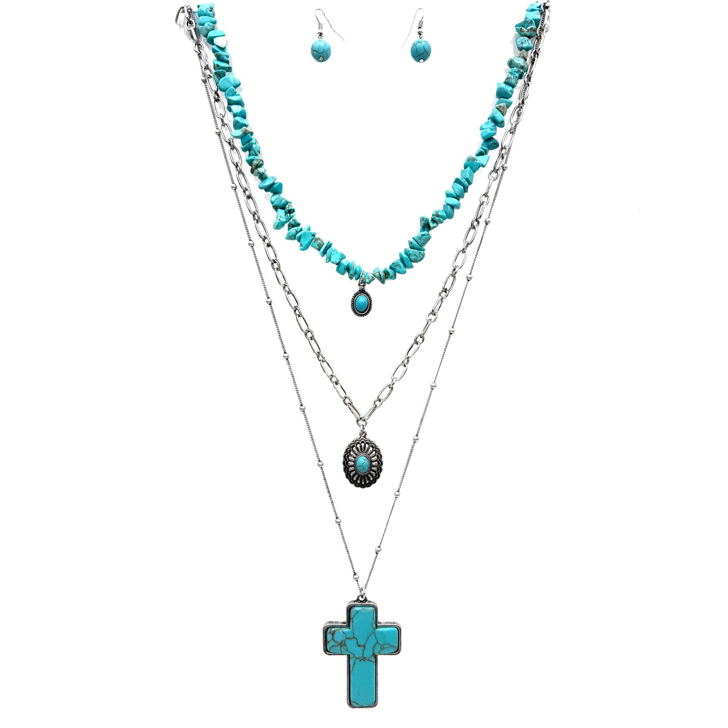 Cross Concho Three Pendant Turquoise Pebble Necklace