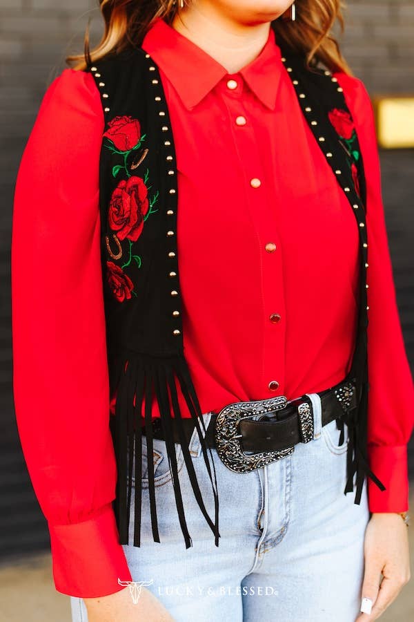 Black Stretch Suede Studded Floral Embroidered Fringe Vest