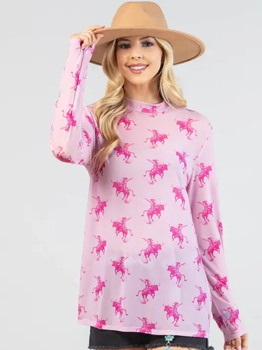 LIAM Bucking Horse Print Semi Sheer Mesh Top-Liam