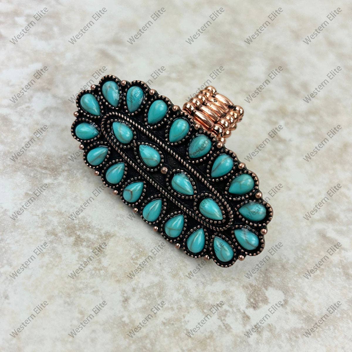 RGY220330-03-BLUE-COOPER Cooper with blue turquoise stone oval concho stretch Ring