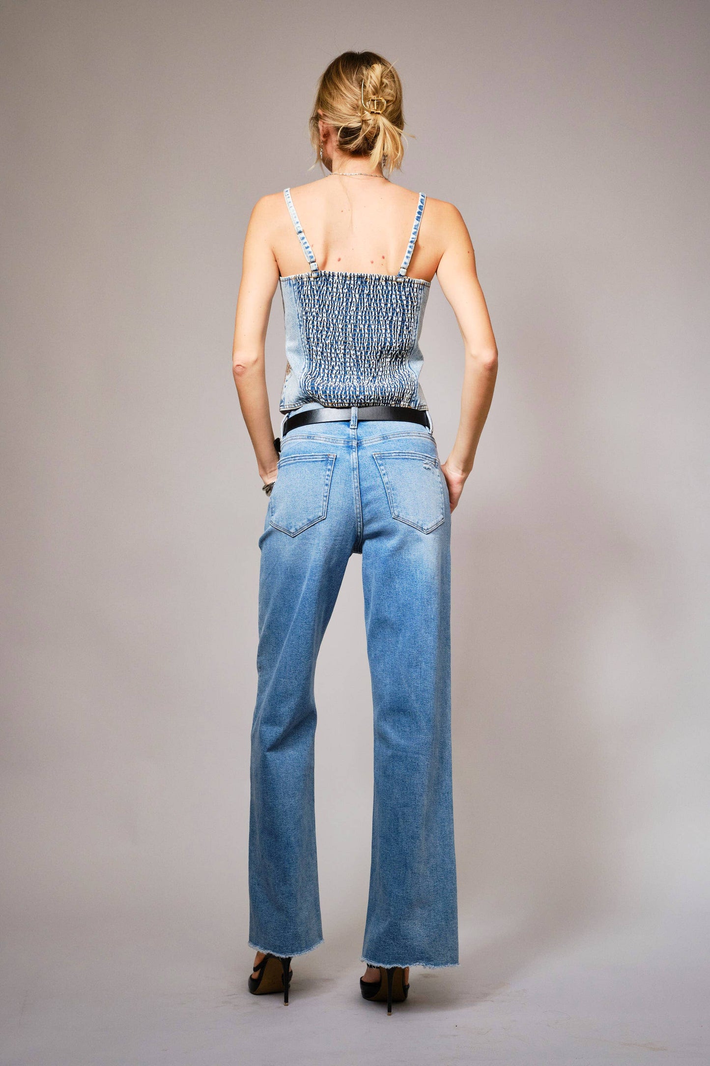 23482T - Sequin Bow Embroidered Denim Corset Top