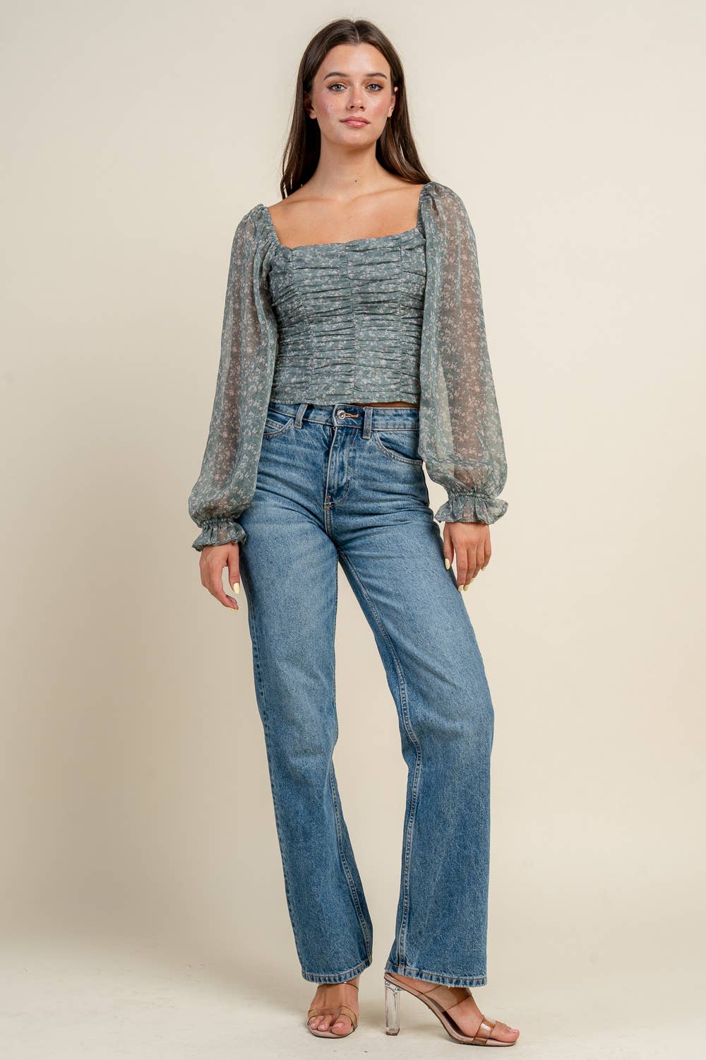 FLORAL RUCHED MESH BLOUSE