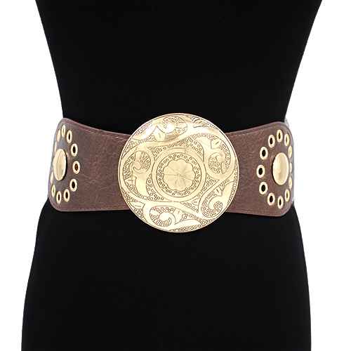 ENGRAVED ROUND WESTERN BUCKLE LEATHER ELASTIC BELT, KM 1647