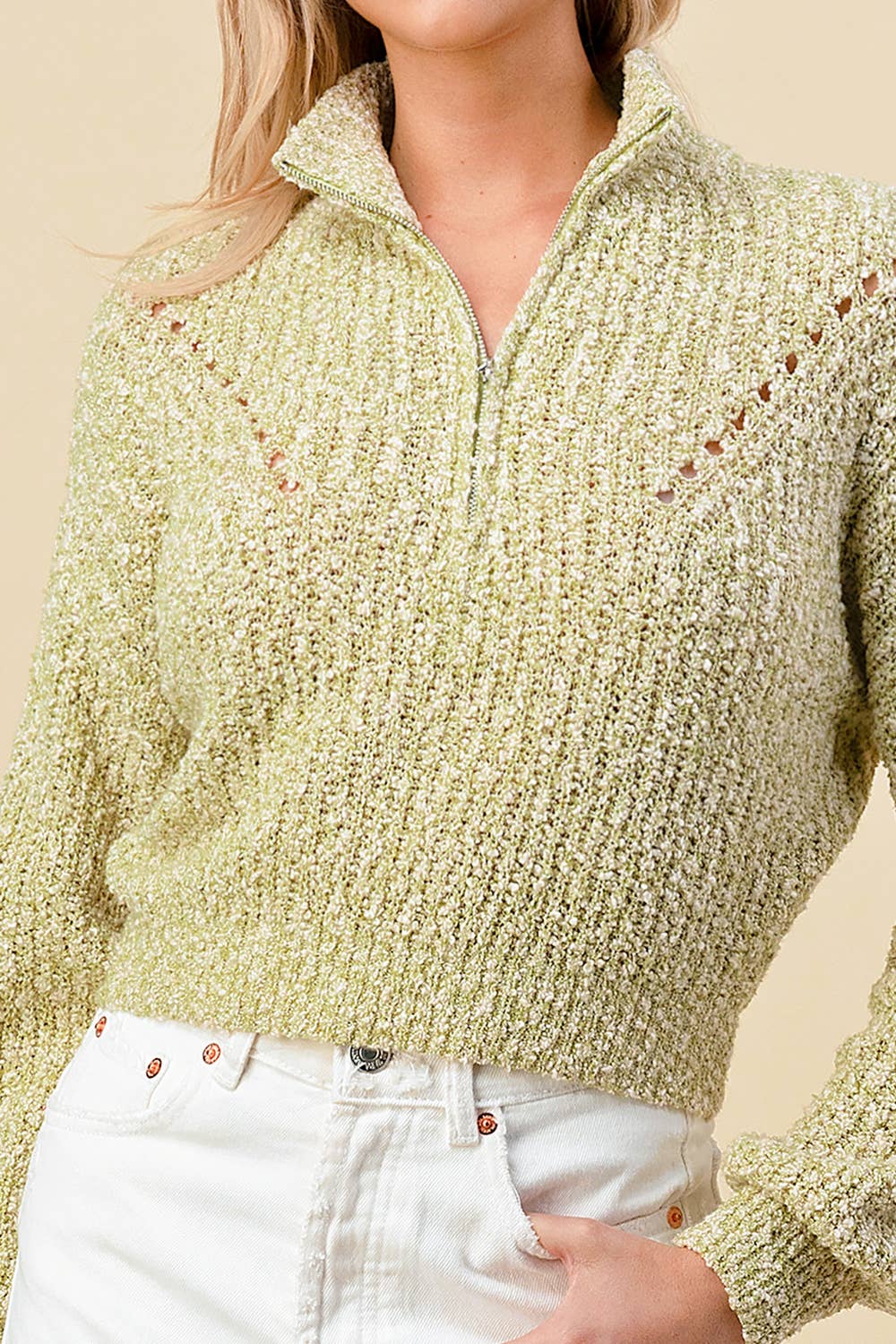 KNITTED LONG SLEEVE DETAIL PULLOVER WITH ZIPPER