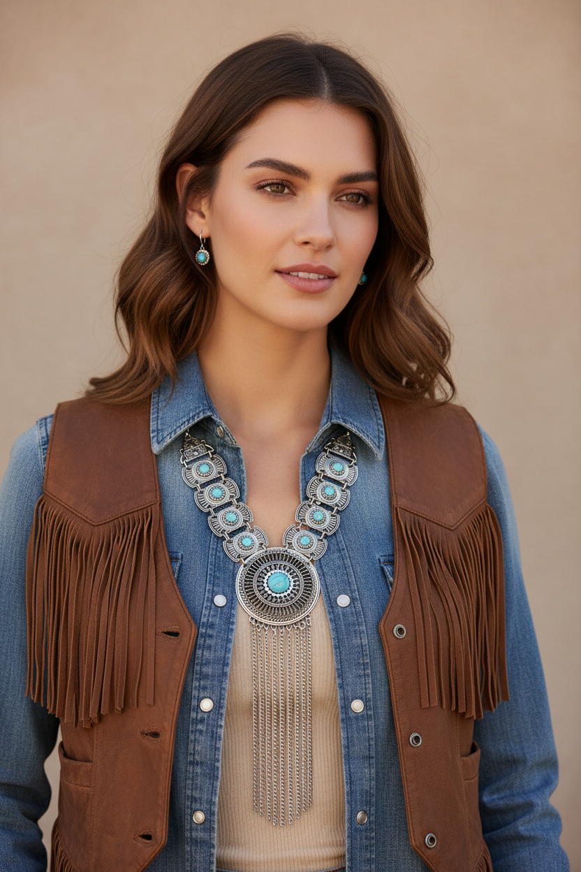 Silver Medallion Chain Turquoise Cabochon Necklace Set