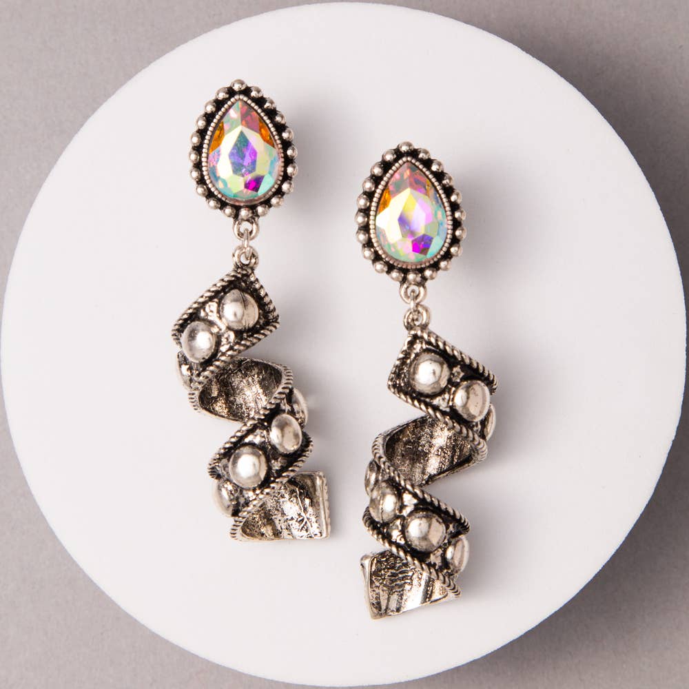 Western Teardrop Cut Crystal Spiral Post Earrings