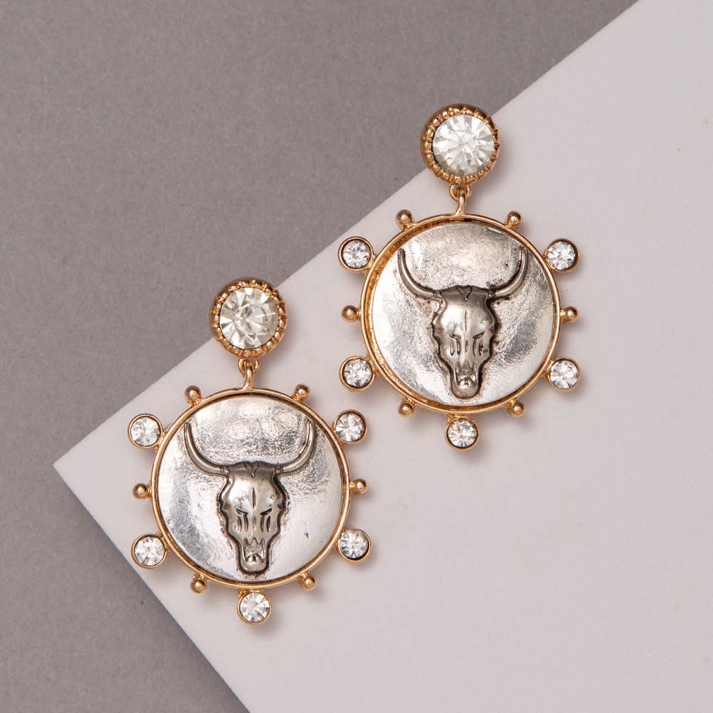 Western Two-Tone Bull Medallion Earrings
