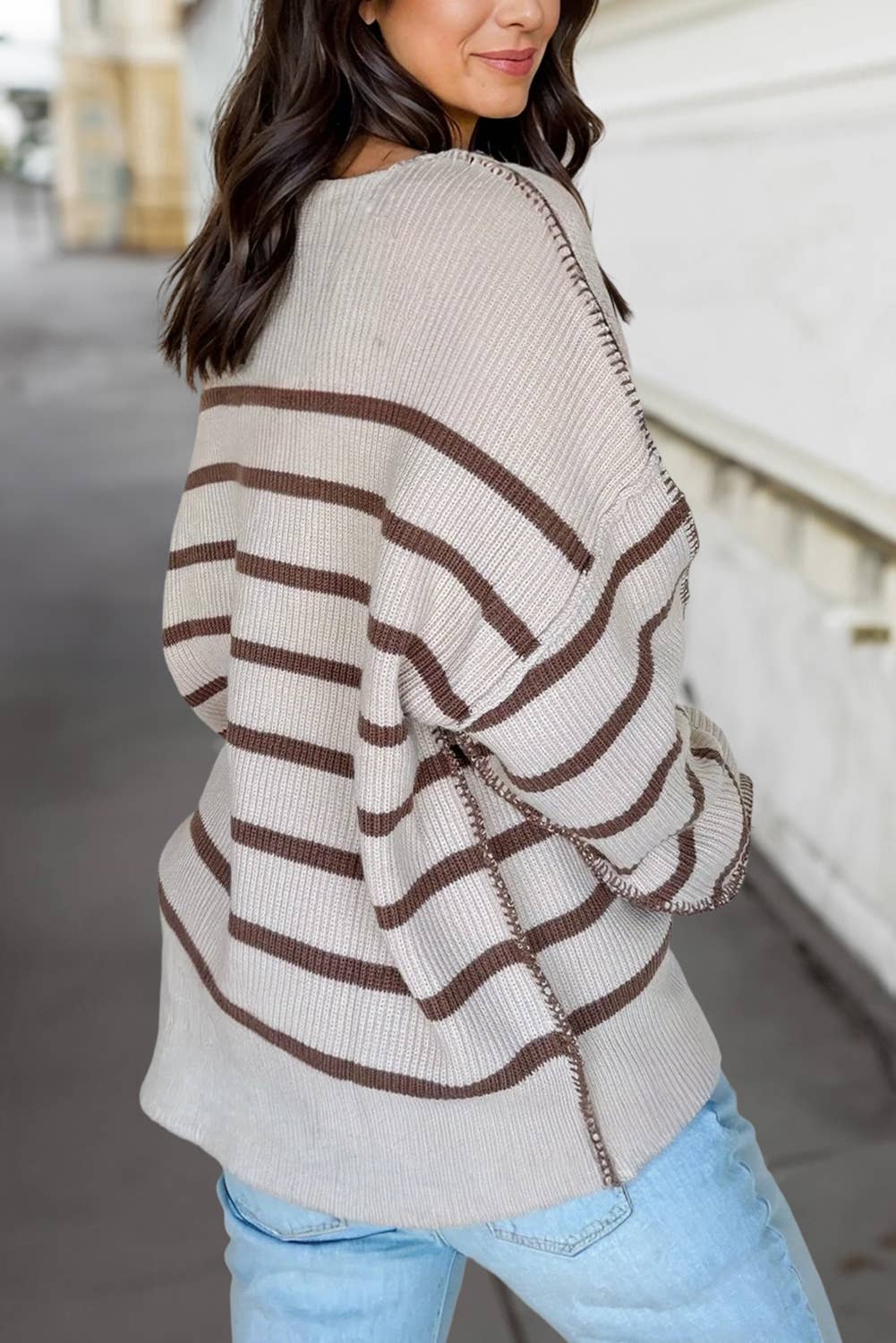 Stripe Henley Neck Long Sleeve Sweater | S-XL