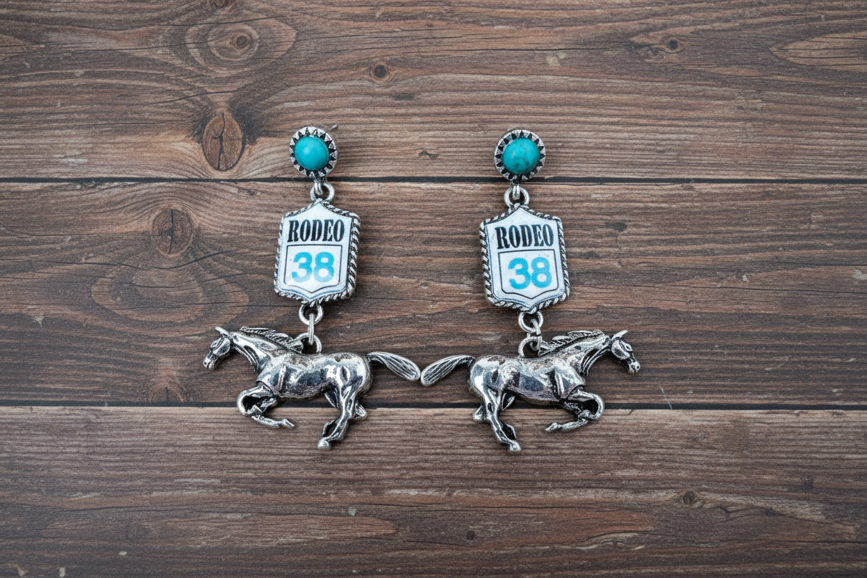 Turquoise and Silvertone 'Rodeo 38' Horse Earrings