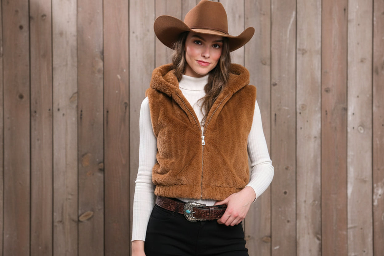 Plush Hooded Zip Up Vest With Pockets