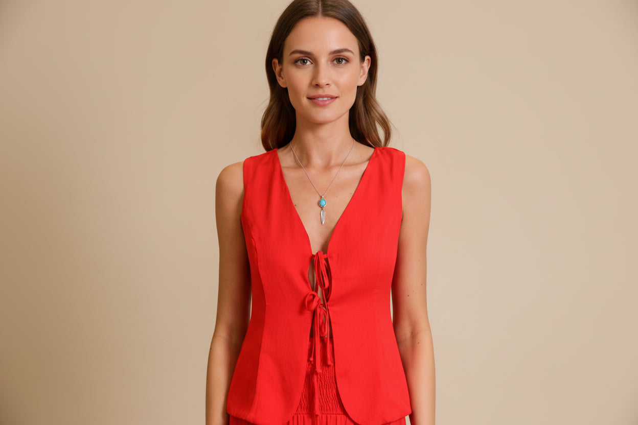 Crimson Charm Tie Front Vest -RED