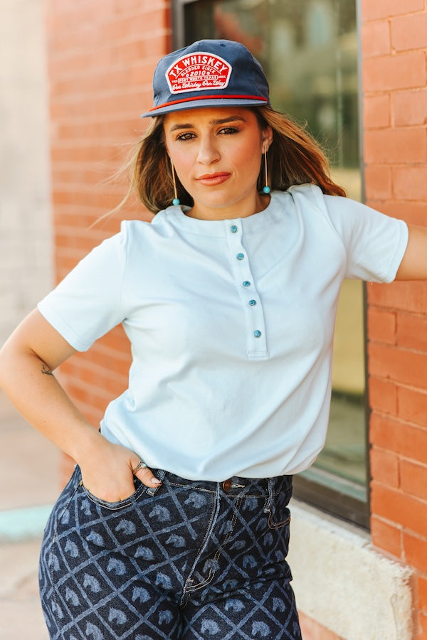 Lavender Sleeve Turquoise Snap Button Down T-Shirt