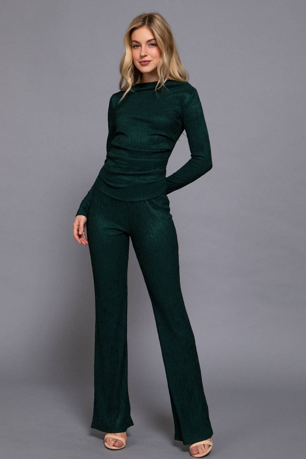 Long Sleeve Draped Top & Waist Band Flare Pants Set