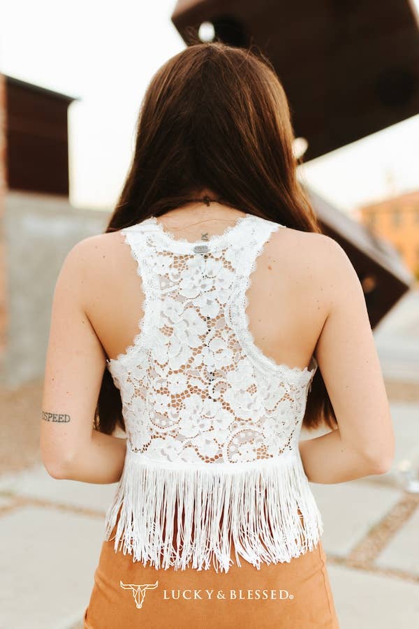 Ivory Lace Fringe Sleeveless V Neck Top