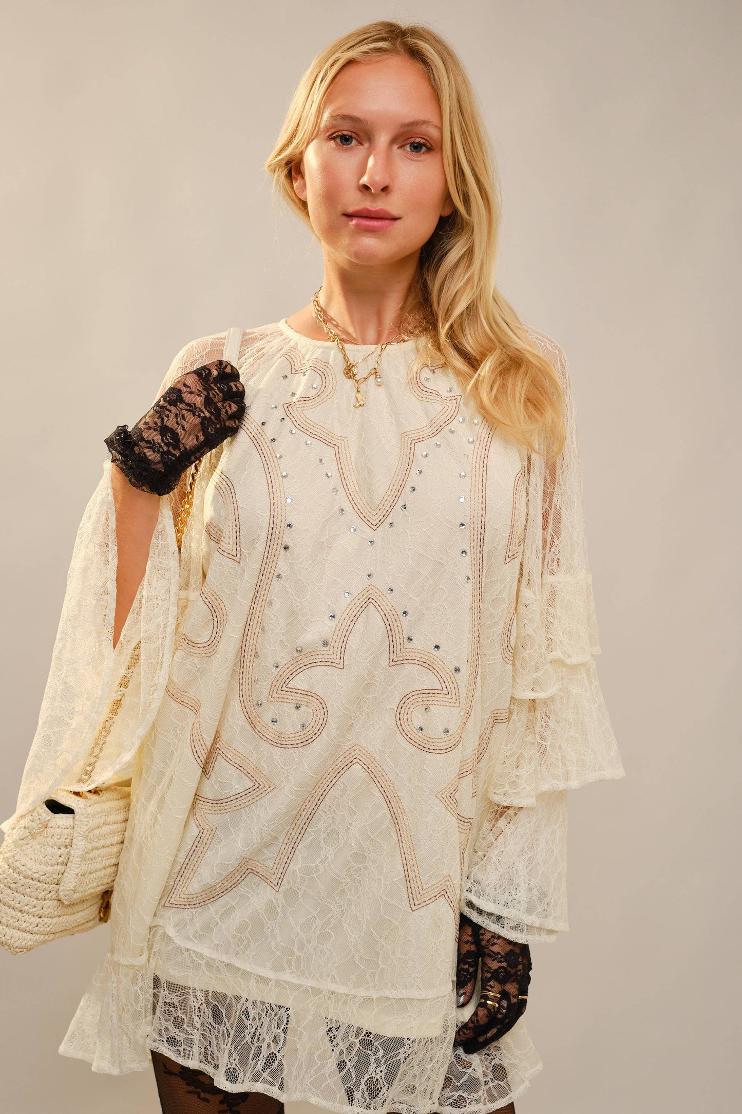 23729D 	Round Neck Western Embroidery Ruffle Sleeve Dress