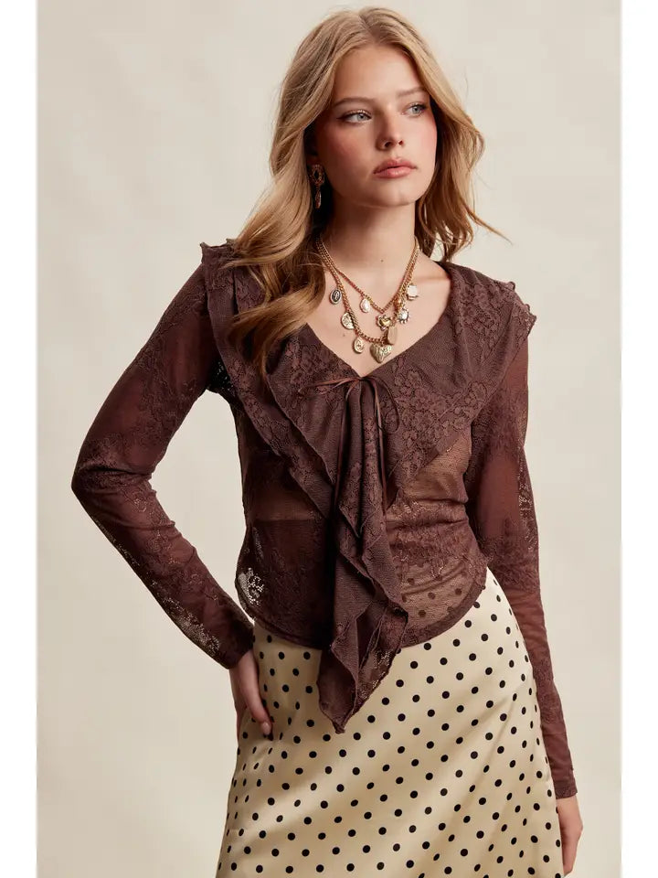 Stretch Lace Ruffle Tie Top LT1489