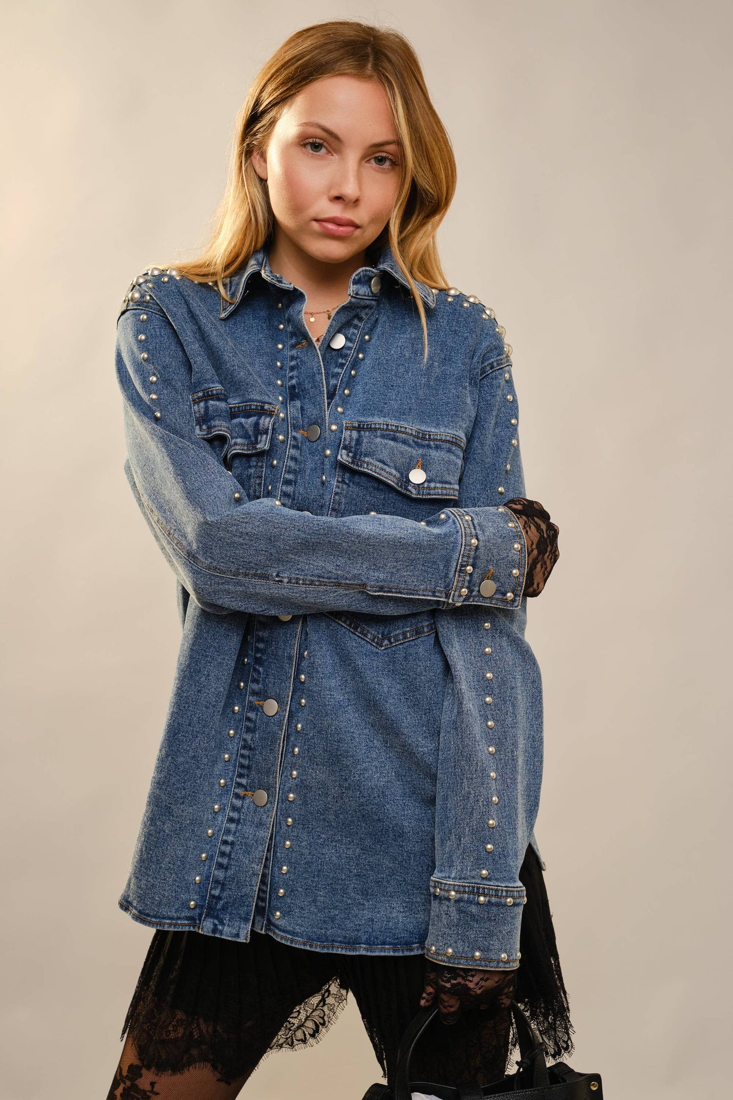 23923J Metal Studded Oversized Denim Shacket