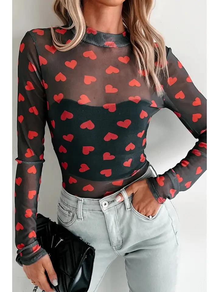 Las Valentines Heart Sheer Mesh Long Sleeve Top