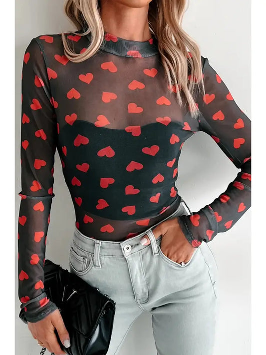 Las Valentines Heart Sheer Mesh Long Sleeve Top