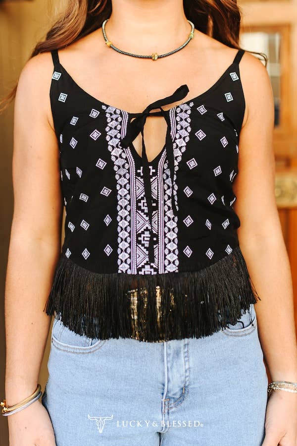 Black Ivory Aztec Spaghetti Strap Front Tie Fringe Top