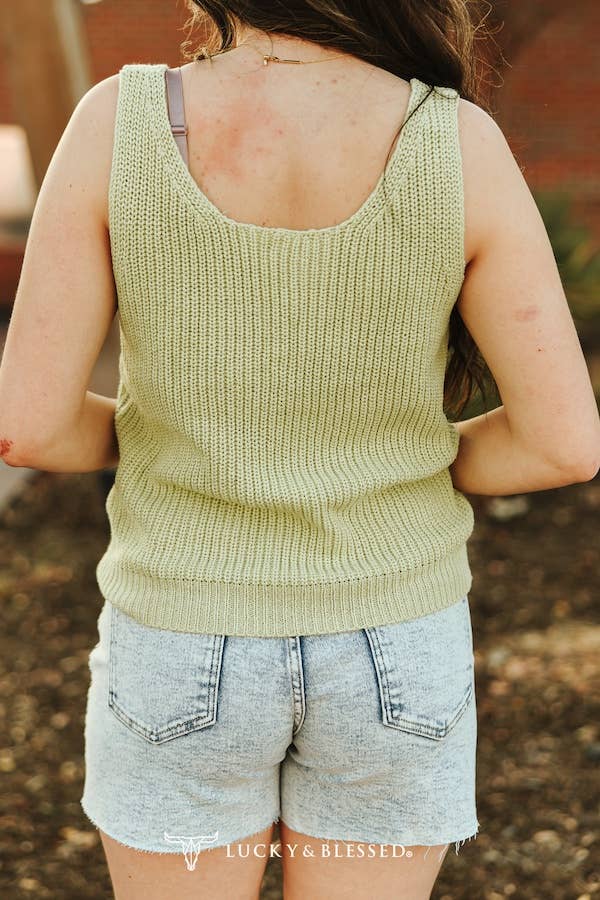 Sage Knit Tank With Braid Rodeo Cactus Embroidered Top