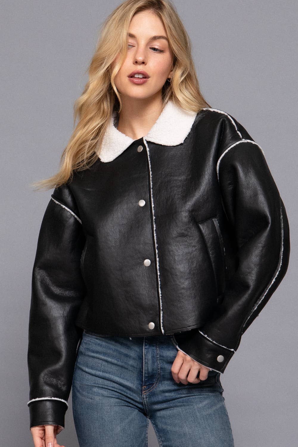 Long Sleeve Faux Leather Inner Fur Jacket