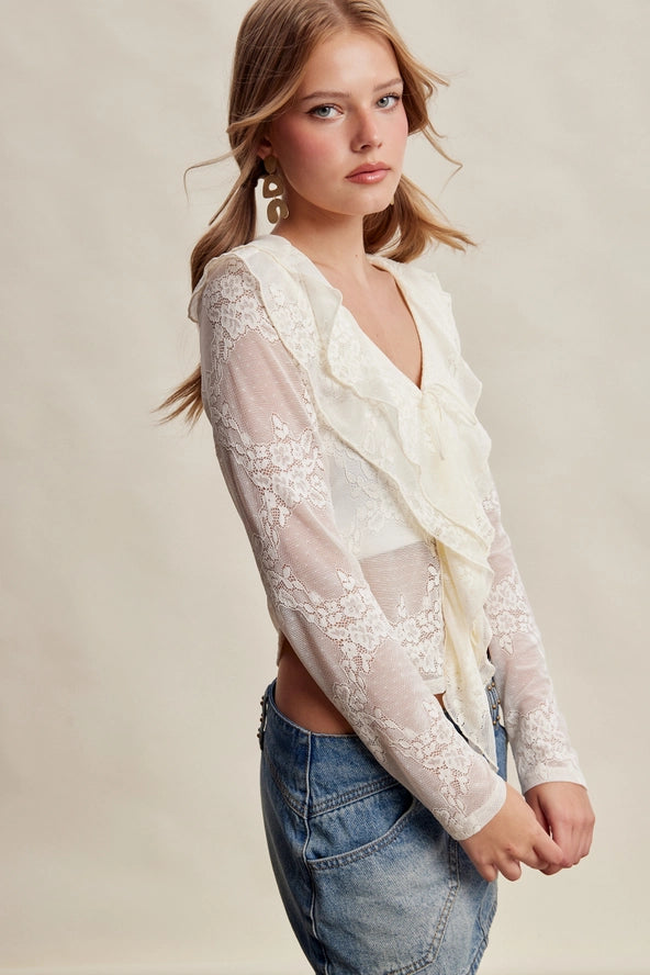Stretch Lace Ruffle Tie Top LT1489
