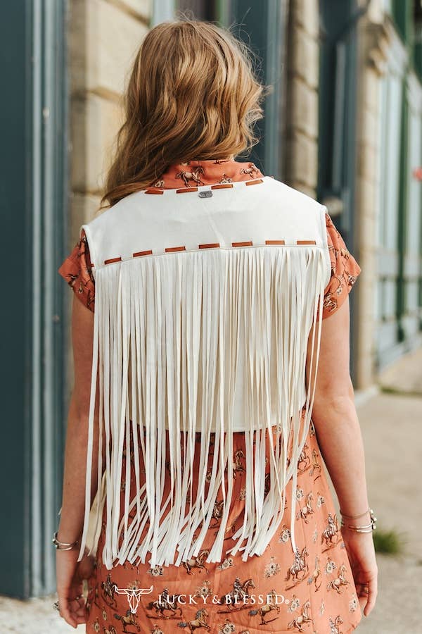 Ivory Stretch Suede Contact Buck-stitch Fringe Vest