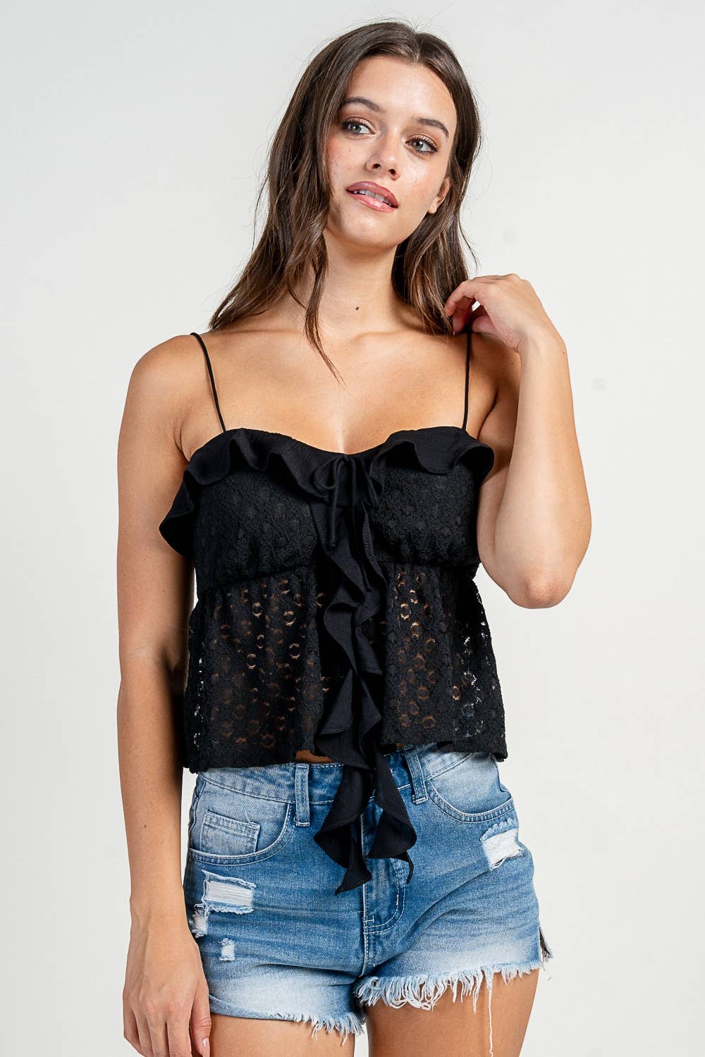 CT10594K MIX MEDIA S/L TOP W. CASCADE RUFFLE DETAIL