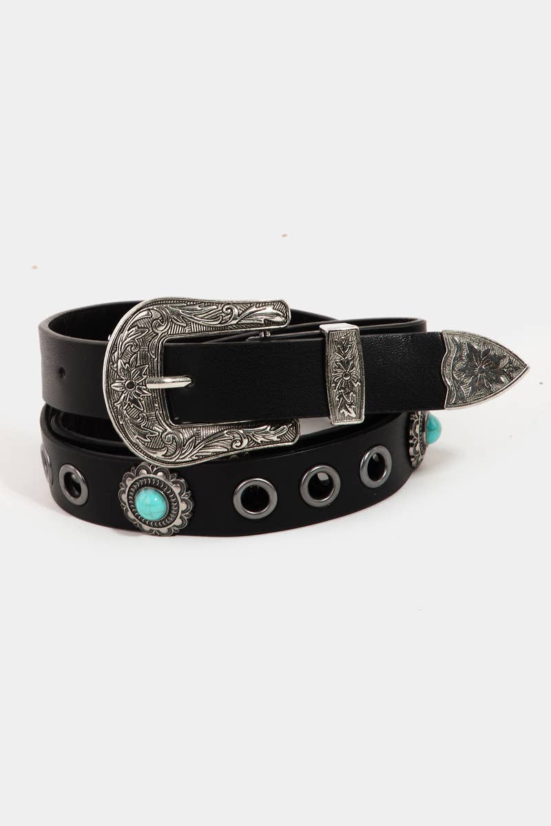 Western Floral Etched Faux Leather Belt