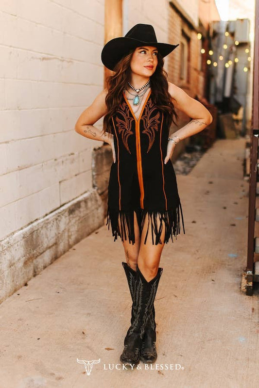 Black Stretch Suede Camel Embroiderd Piping Fringe Hem Dress