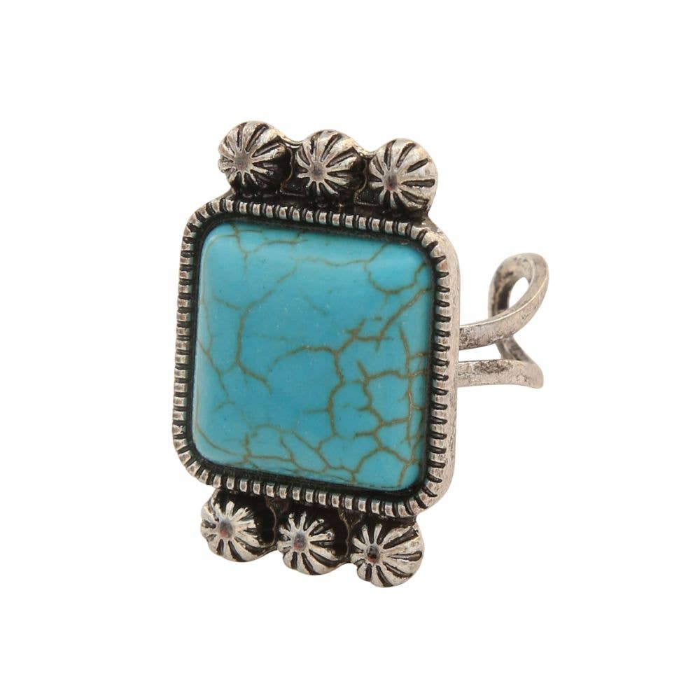 WESTERN SQUARE TURQUOISE BEAD ADJUSTABLE METAL RIN, SR 0426