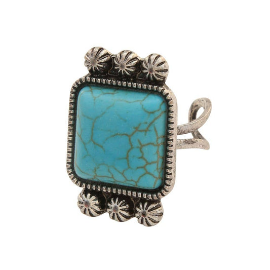 WESTERN SQUARE TURQUOISE BEAD ADJUSTABLE METAL RIN, SR 0426