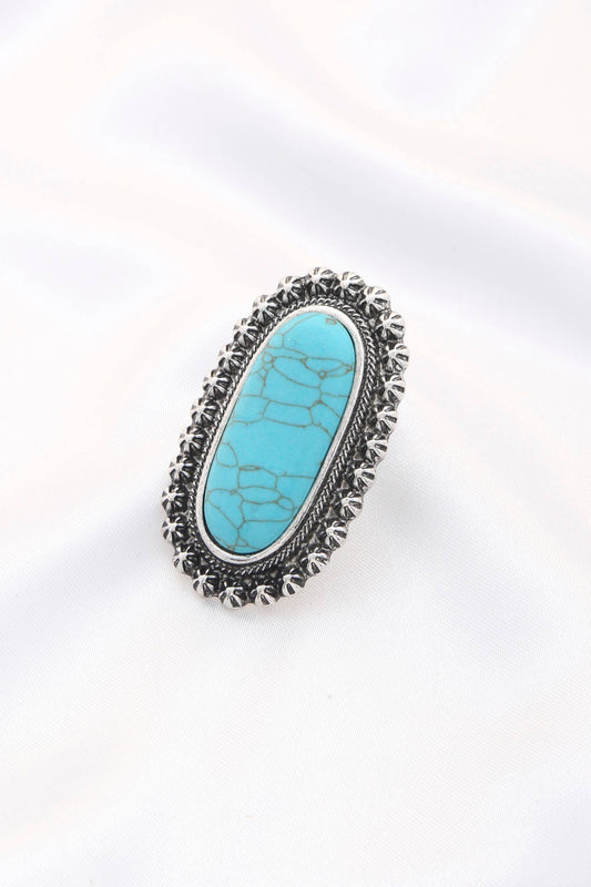 LONG OVAL FAUX TURQUOISE STONE METAL RING, SR 0266