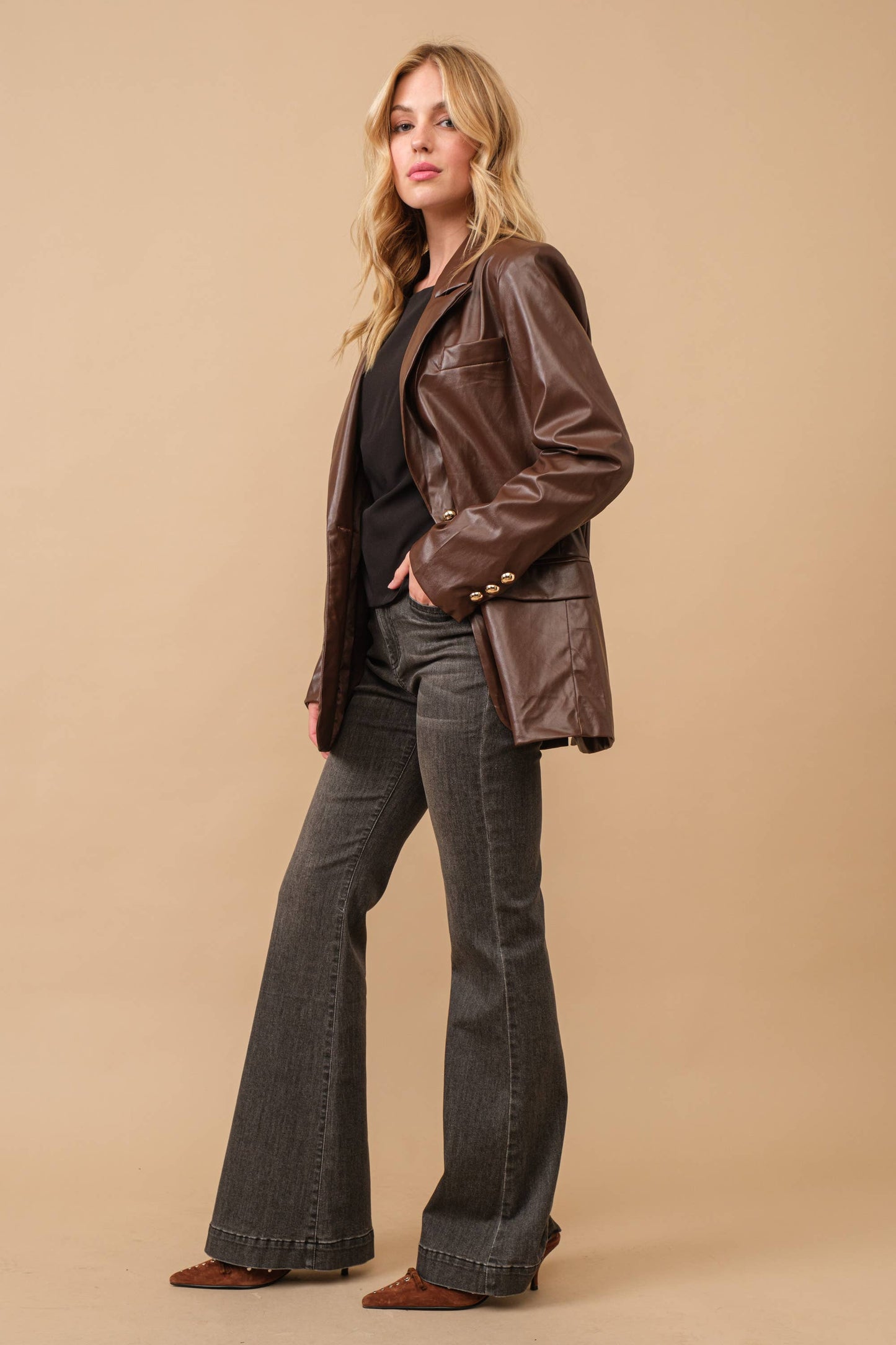 17587J - Faux Leather Boyfriend Fit Single Blazer
