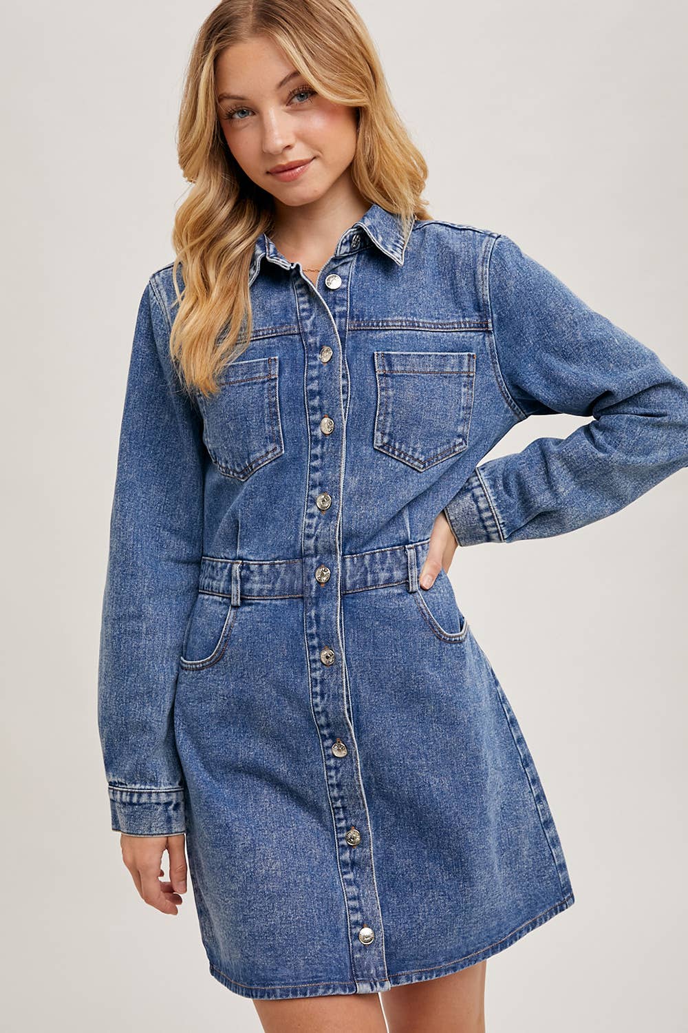 DENIM BUTTON DOWN SHIRT MINI DRESS