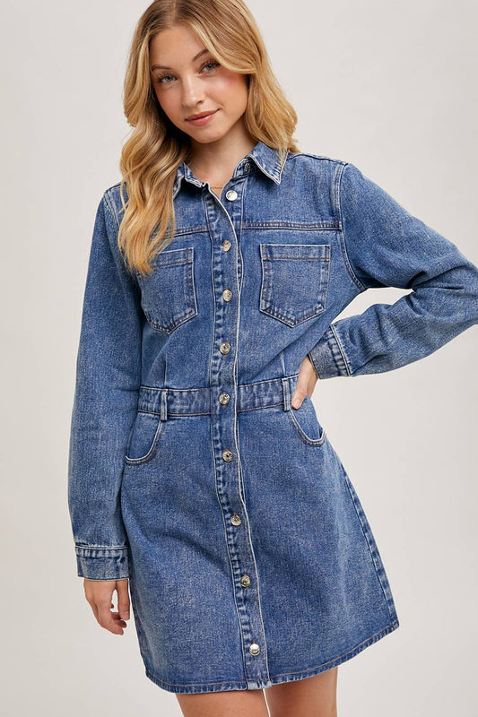 DENIM BUTTON DOWN SHIRT MINI DRESS