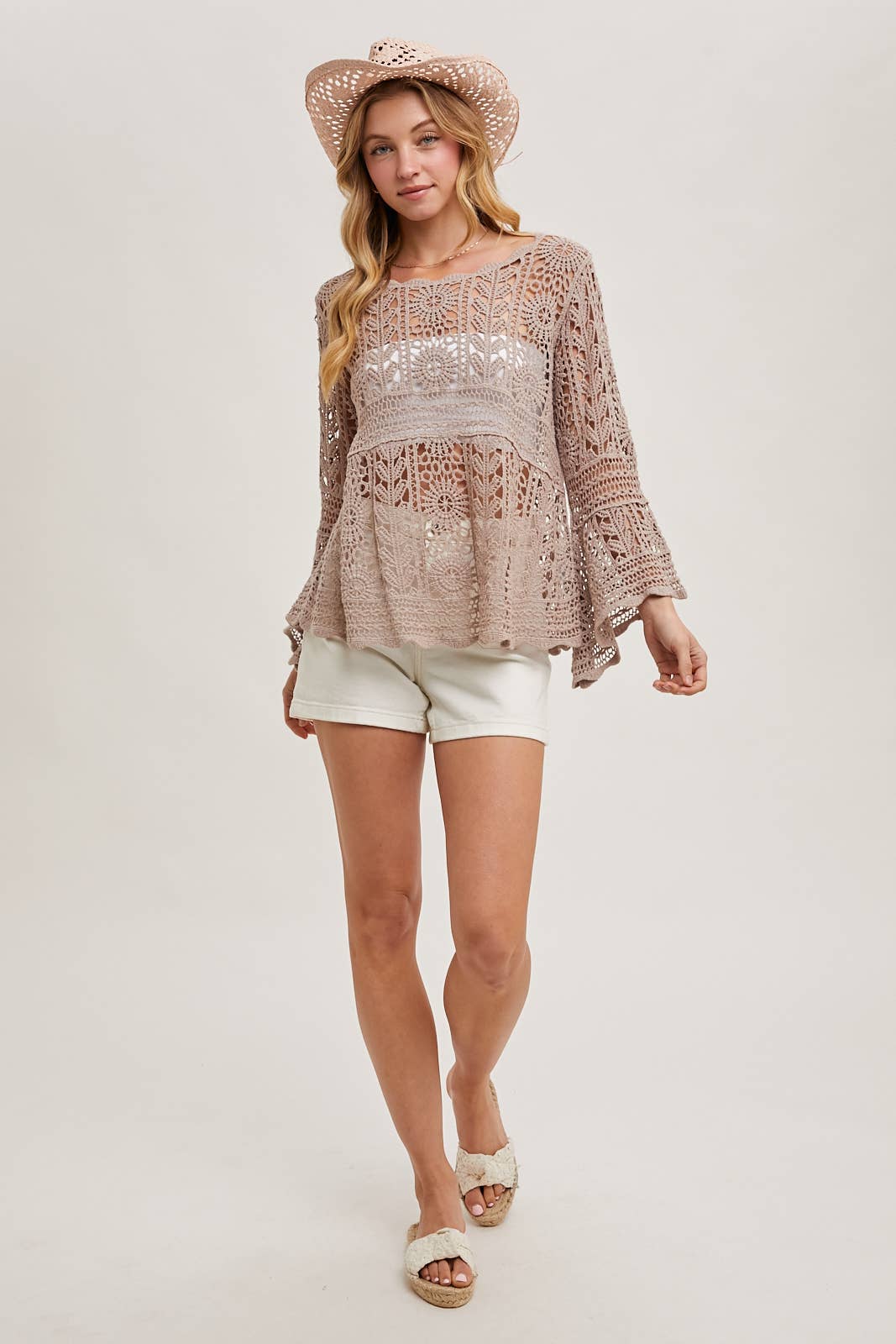 CROCHET SHEER BELL-SLEEVE PULLOVER TOP