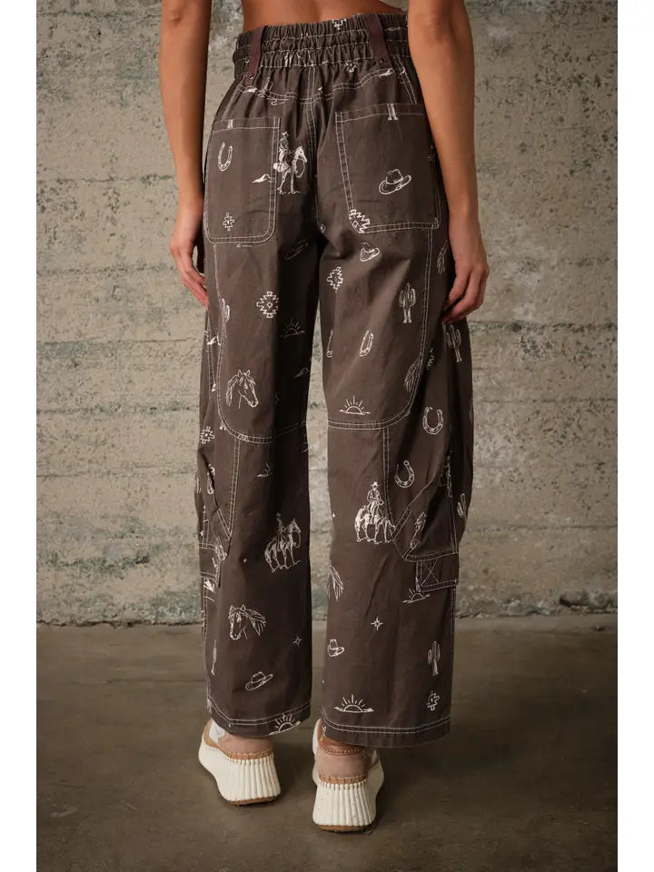 Western Print Cotton Cargo Pants