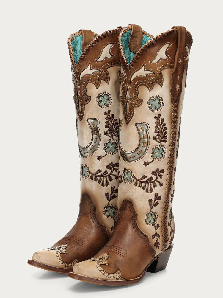 WOMEN'S HONEY HORSESHOE OVERLAY EMBROIDERY AND STUDS HANDWOVEN SNIP TOE TALL TOP COWBOY BOOT