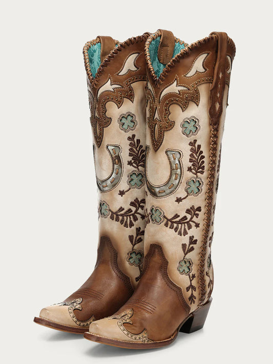 WOMEN'S HONEY HORSESHOE OVERLAY EMBROIDERY AND STUDS HANDWOVEN SNIP TOE TALL TOP COWBOY BOOT