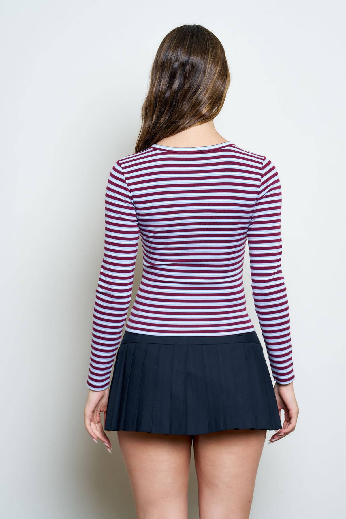 BUTTON DOWN CREW NECK STRIPED LONG SLEEVE KNIT TOP