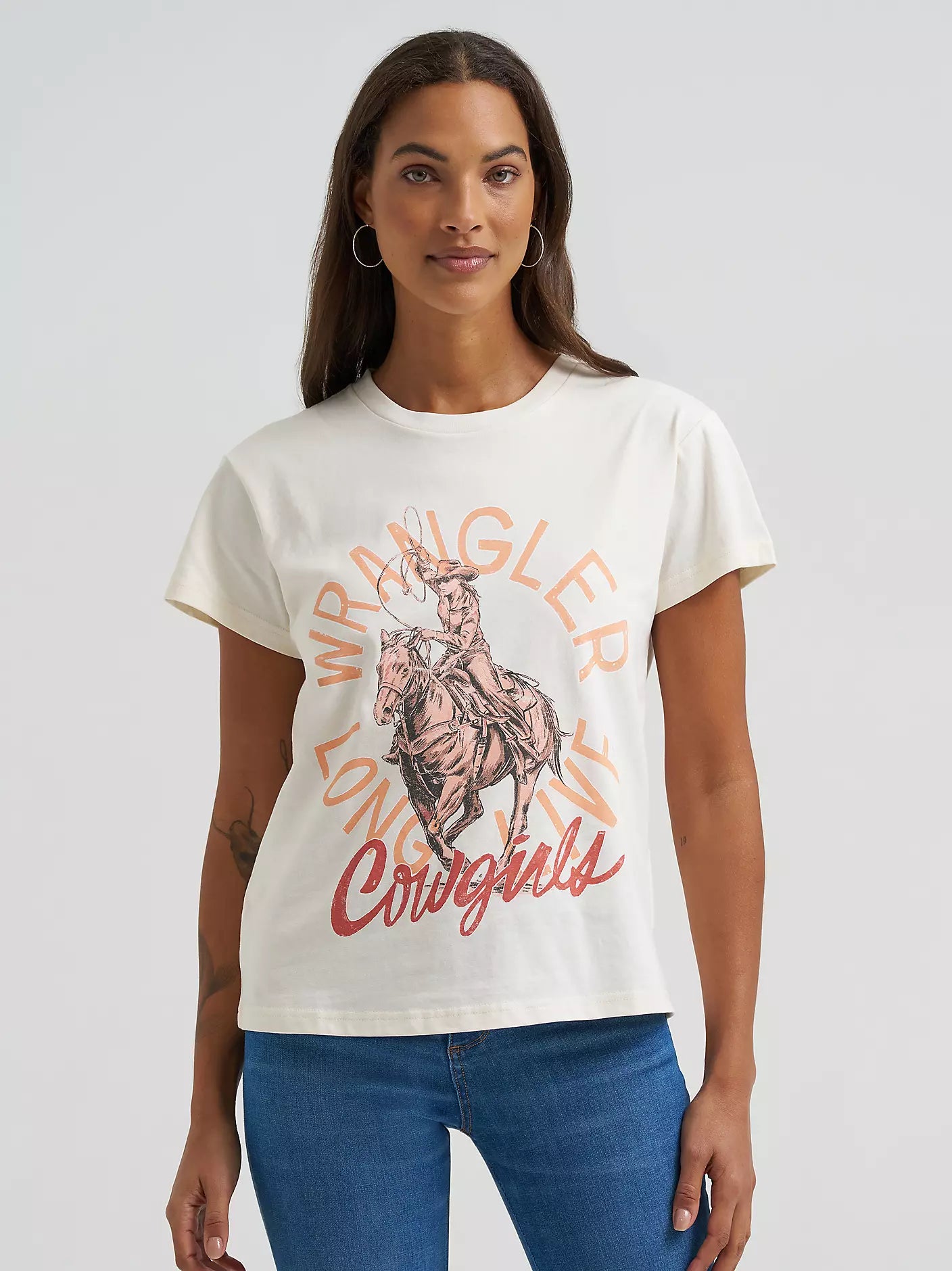 Women's Faded Cowgirl Retro Regular Fit Tee- Egret