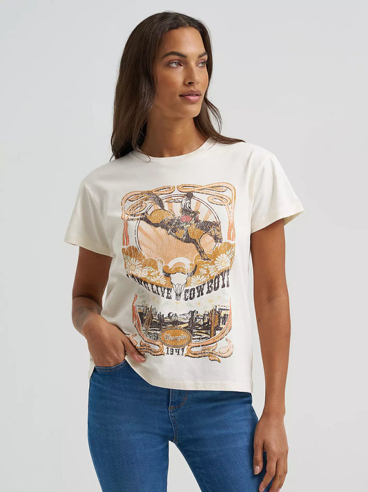 Women's Long Live Cowboys Antique Retro Regular Fit Tee- Egret