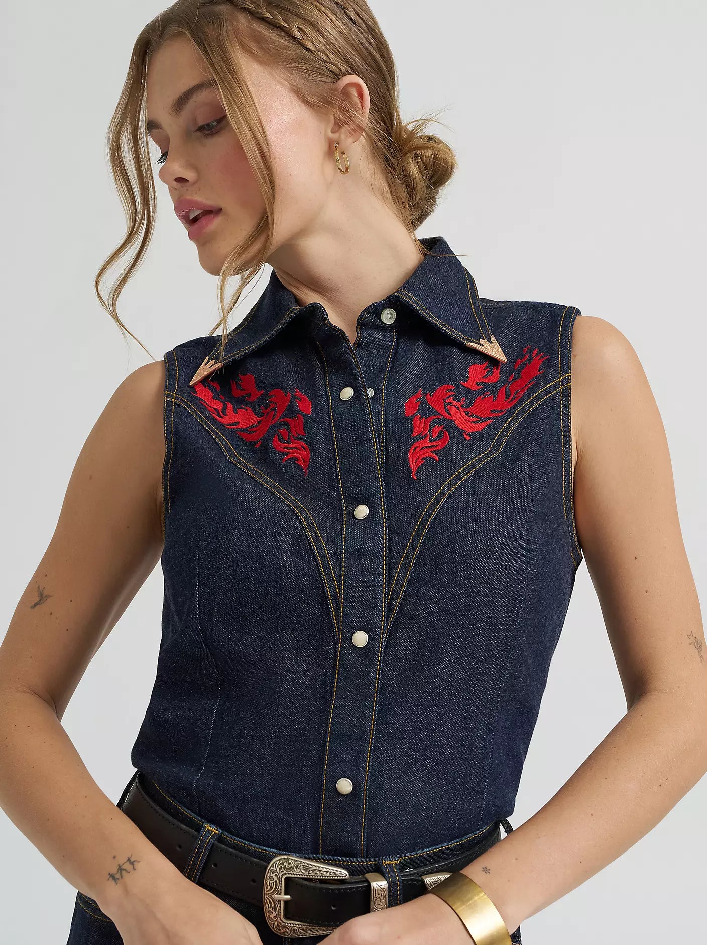 Lainey Wilson x Wrangler Embroidered Sleeveless Denim Shirt