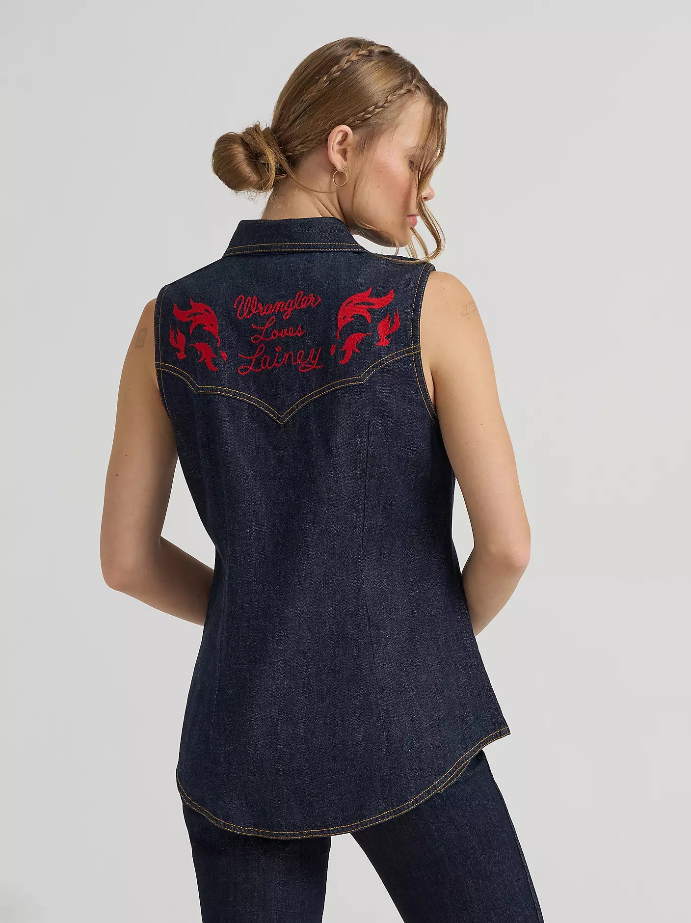 Lainey Wilson x Wrangler Embroidered Sleeveless Denim Shirt